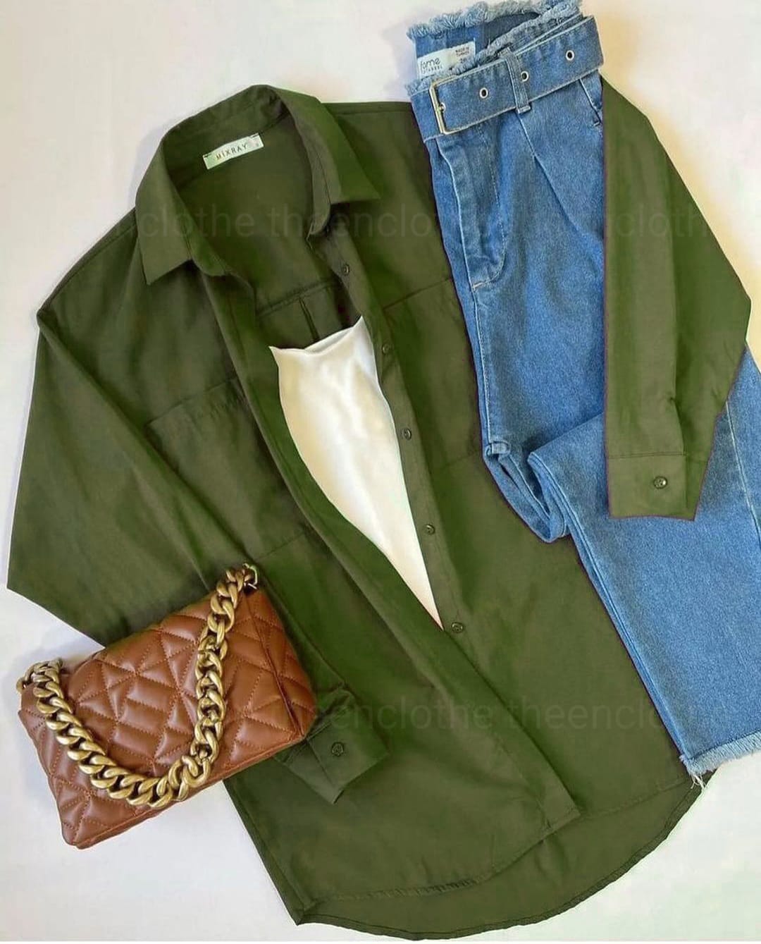 Olive Green Button Down Shirt With Inner & Mid Blue Wide Leg Jeans