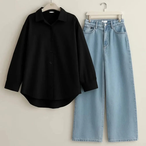 Black Button Down Shirt & Ice-Blue Wide Leg Jeans