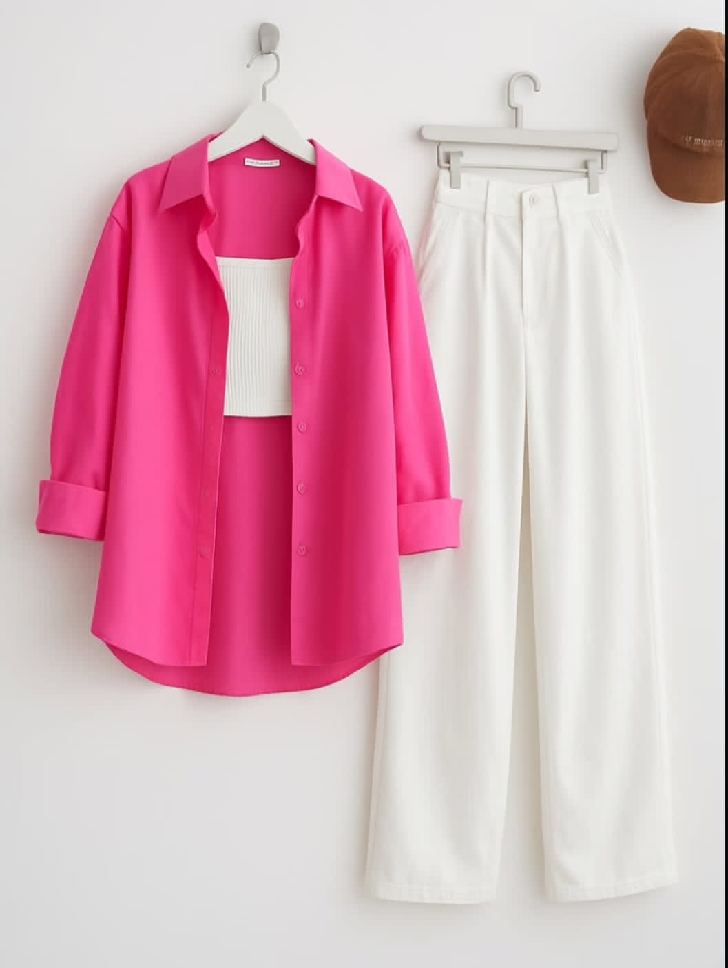 Hot Pink Button Down Shirt with Inner & White Wide Legs Jeans