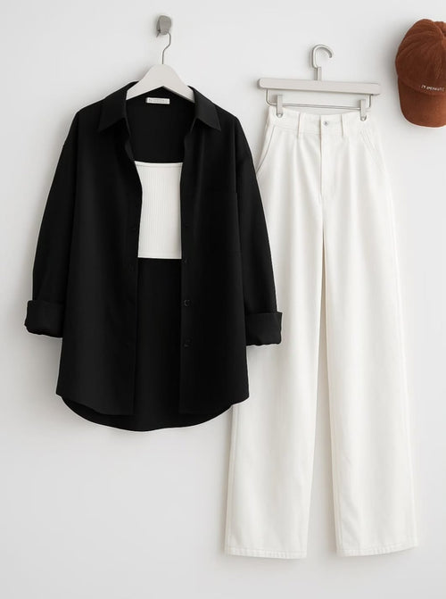 Black Button Down Shirt with Inner & White Wide Legs Jeans