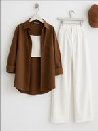 Brown Button Down Shirt with Inner & White Wide Legs Jeans