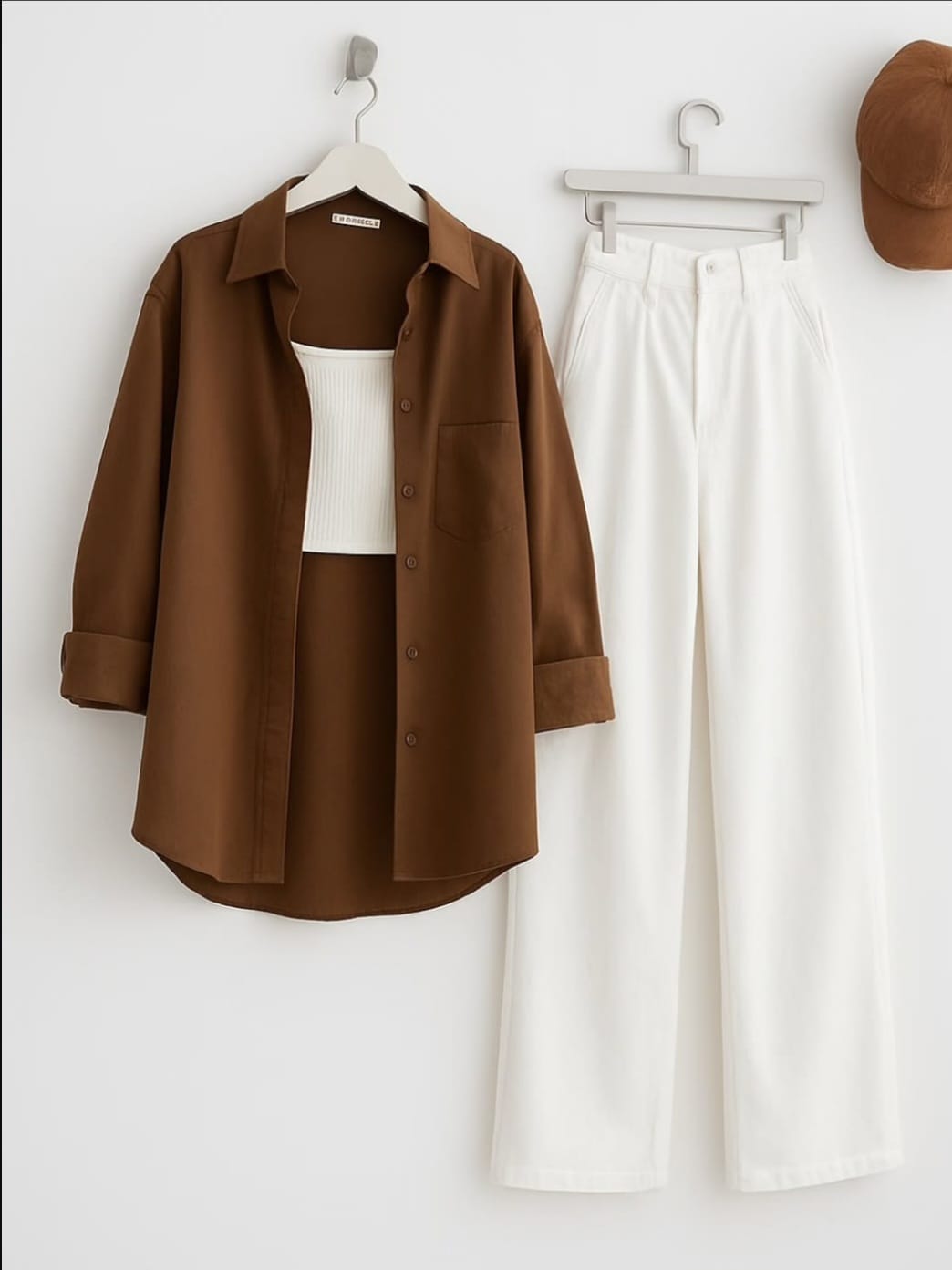 Brown Button Down Shirt with Inner & White Wide Legs Jeans