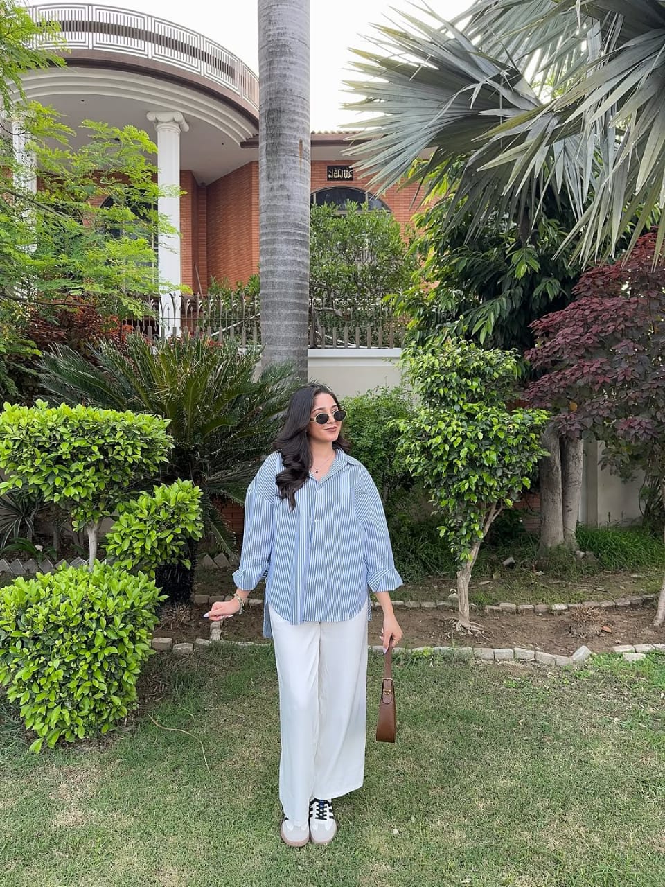 Women's Striped Button Down Shirt with  white flapper trouser