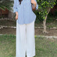 Women's Striped Button Down Shirt with  white flapper trouser