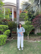 Women's Striped Button Down Shirt with  white flapper trouser