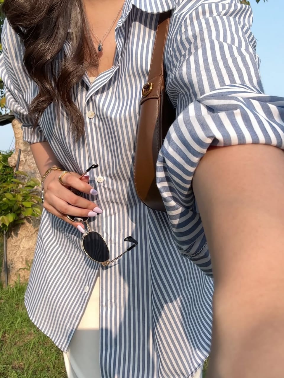 Women's Striped Button Down Shirt with  white flapper trouser