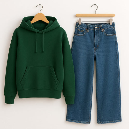 FOREST GREEN HOODIE WITH WIDE LEG JEANS