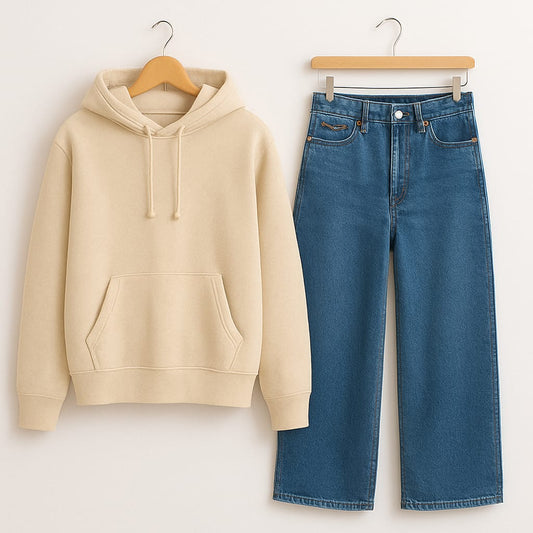 BEIGE HOODIE WITH WIDE LEG JEANS