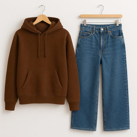 BROWN HOODIE WITH WIDE LEG JEANS
