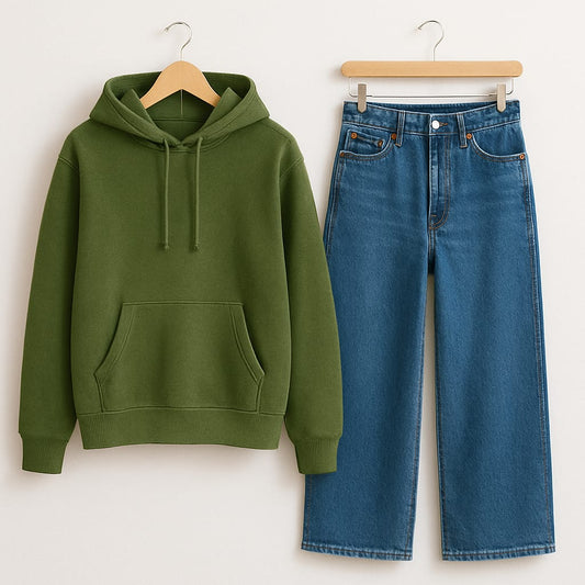 GREEN HOODIE WITH WIDE LEG JEANS
