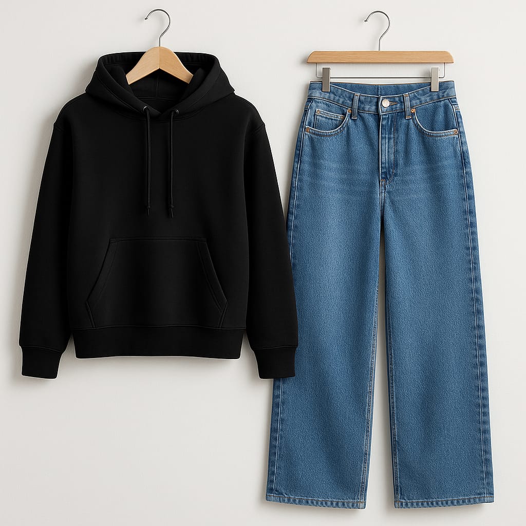 BLACK HOODIE WITH WIDE LEG JEANS