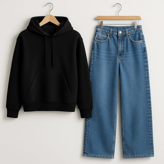 BLACK HOODIE WITH WIDE LEG JEANS