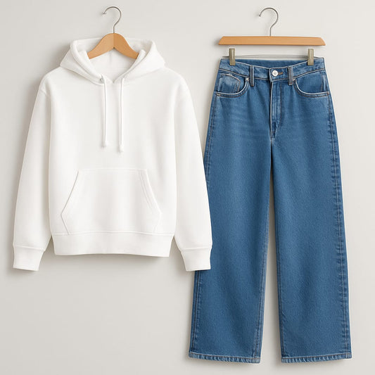 WHITE HOODIE WITH WIDE LEG JEANS