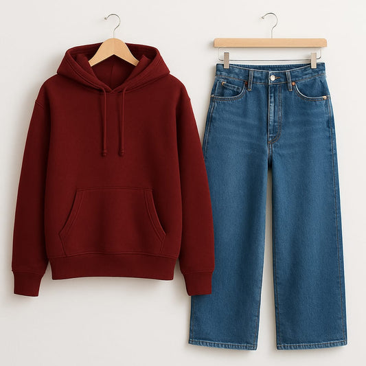 MAROON HOODIE WITH WIDE LEG JEANS
