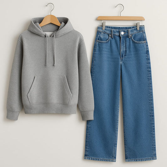 GRAY HOODIE WITH MIDBLUE JEANS