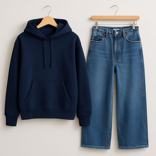 NAVY BLUE HOODIE WITH WIDE LEG JEANS