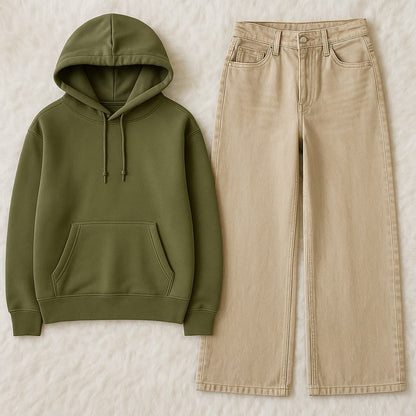 Hoodie With Beige Wide Leg Jeans