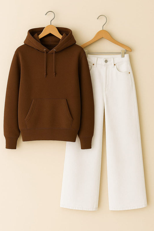 Brown Hoodie With White Wide Leg Jeans