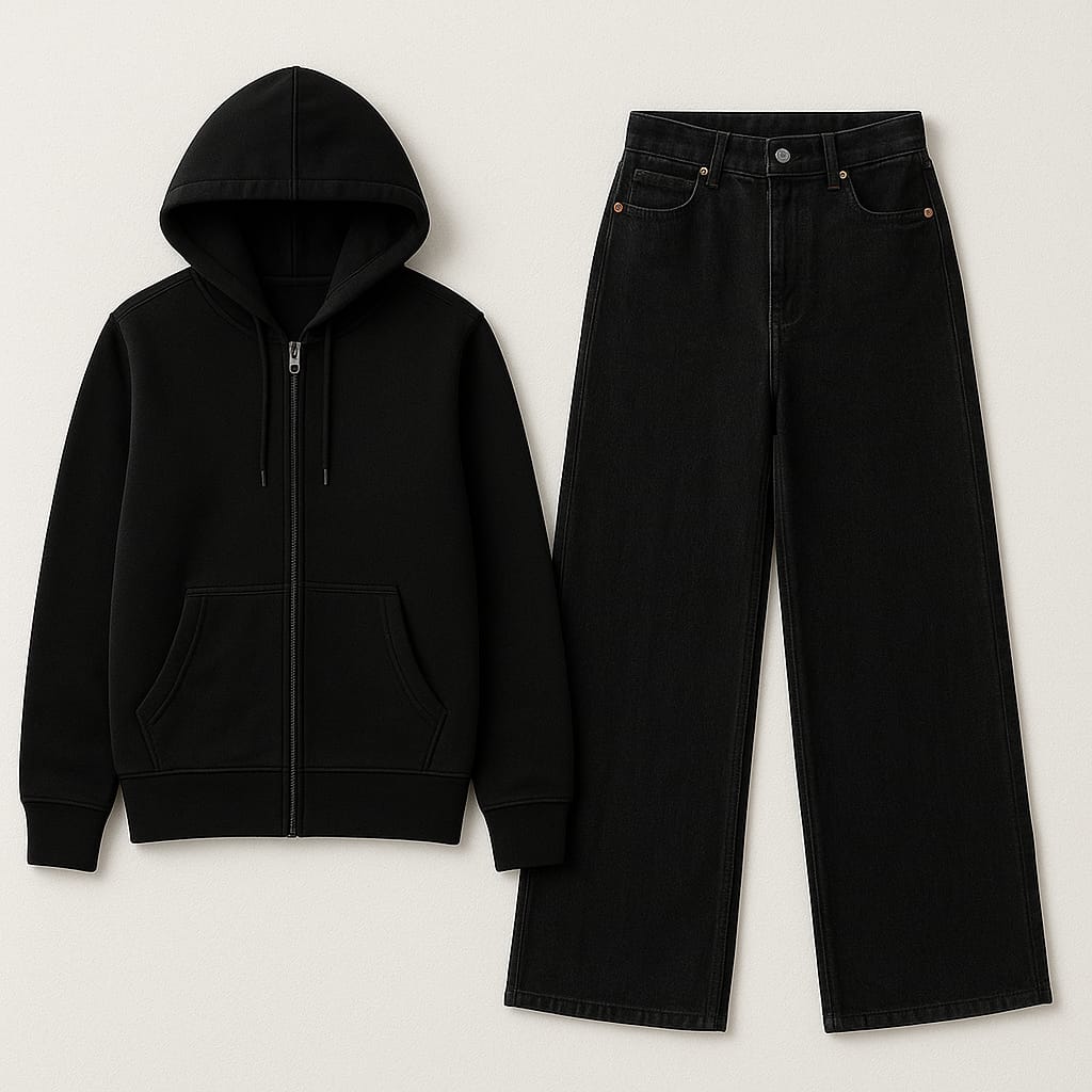 Zipper Hoodie With Black Wide Leg Jeans