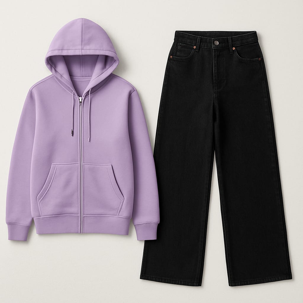 Zipper Hoodie With Black Wide Leg Jeans