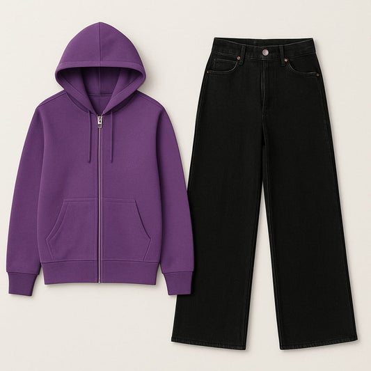 Zipper Hoodie With Black Wide Leg Jeans