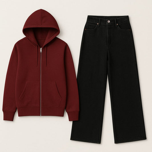 Zipper Hoodie With Black Wide Leg Jeans