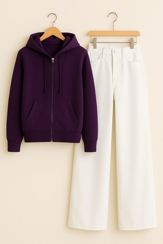 Purple Zipper Hoodie With White Wide Leg Jeans