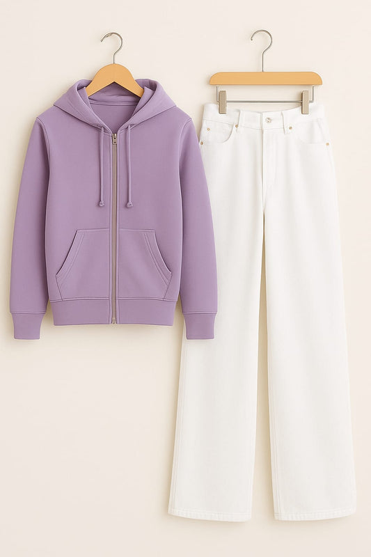 Zipper Hoodie With White Wide Leg Jeans