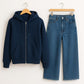 Navy Blue Zipper Hoodie With Mid Blue Wide Leg Jeans