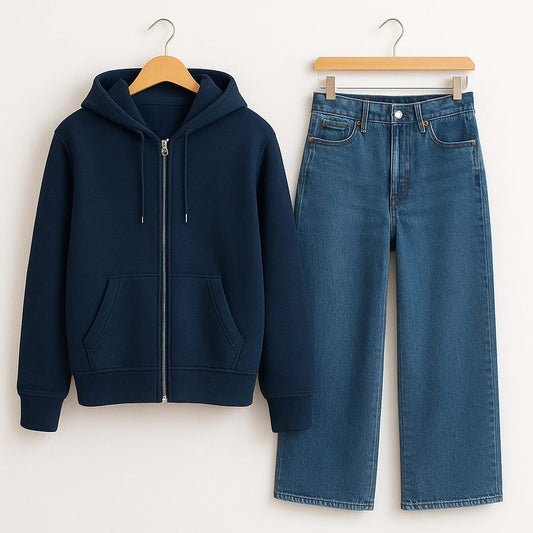 Navy Blue Zipper Hoodie With Mid Blue Wide Leg Jeans