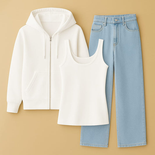 Zipper Hoodie With Inner & Iceblue Wide Leg Jeans