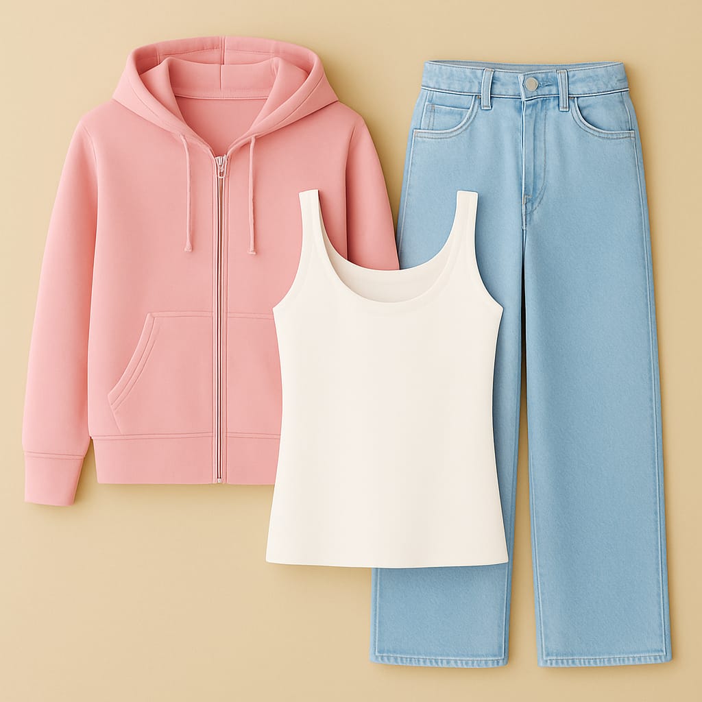Zipper Hoodie With Inner & Iceblue Wide Leg Jeans