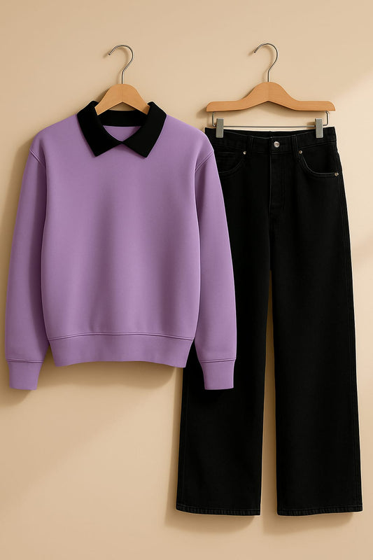 Collared Sweatshirt With Black Wide Leg Jeans