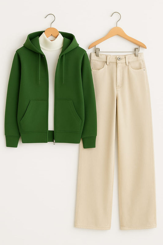 Zipper Hoodie With Highneck & Beige Wide Leg Jeans