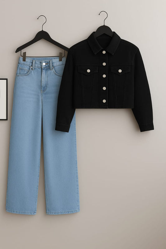 Black Denim Jacket With IceBlue Wide Leg Jeans