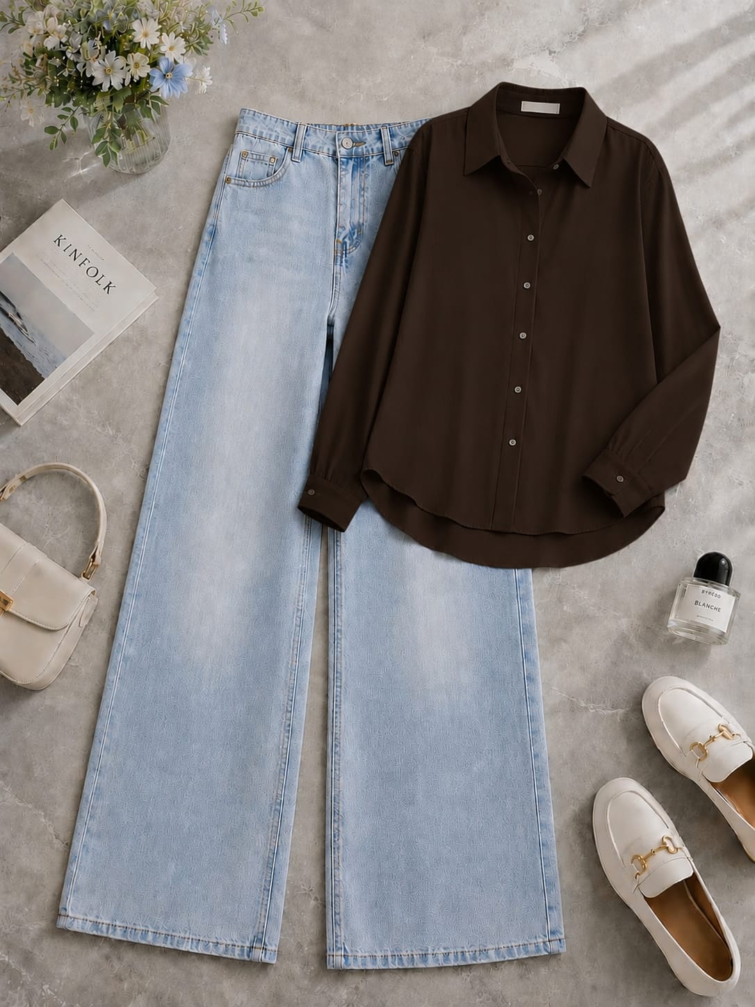 Brown Down Shirt & Shaded Ice-Blue Wide Leg Jeans