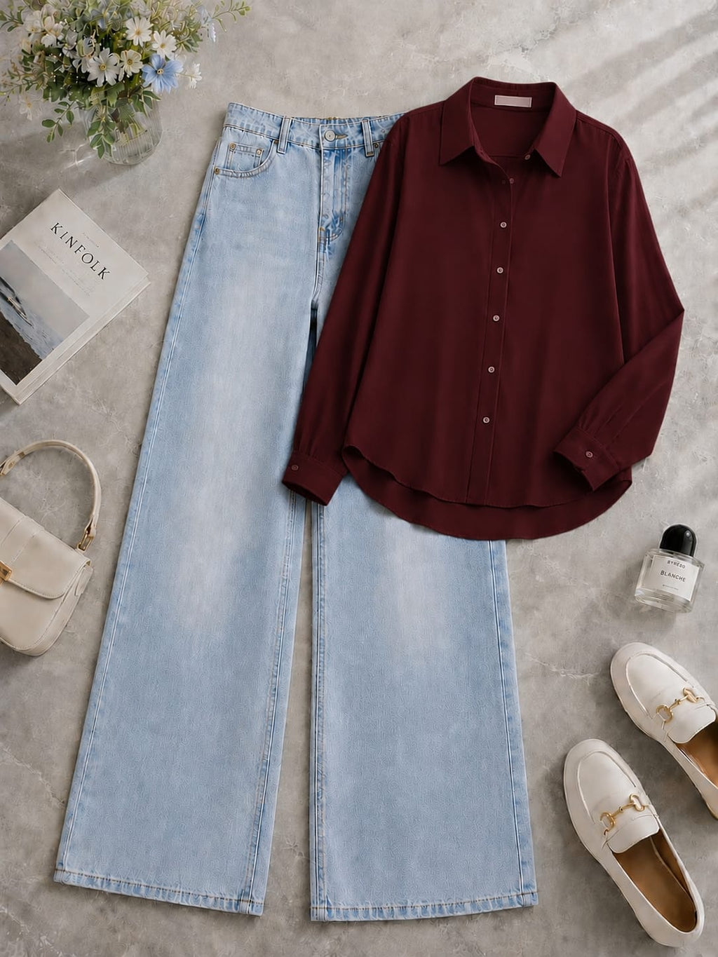 Maroon Button Down Shirt & Shaded Ice-Blue Wide Leg Jeans