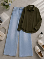 Olive Green Button Down Shirt & Shaded Ice-Blue Wide Leg Jeans