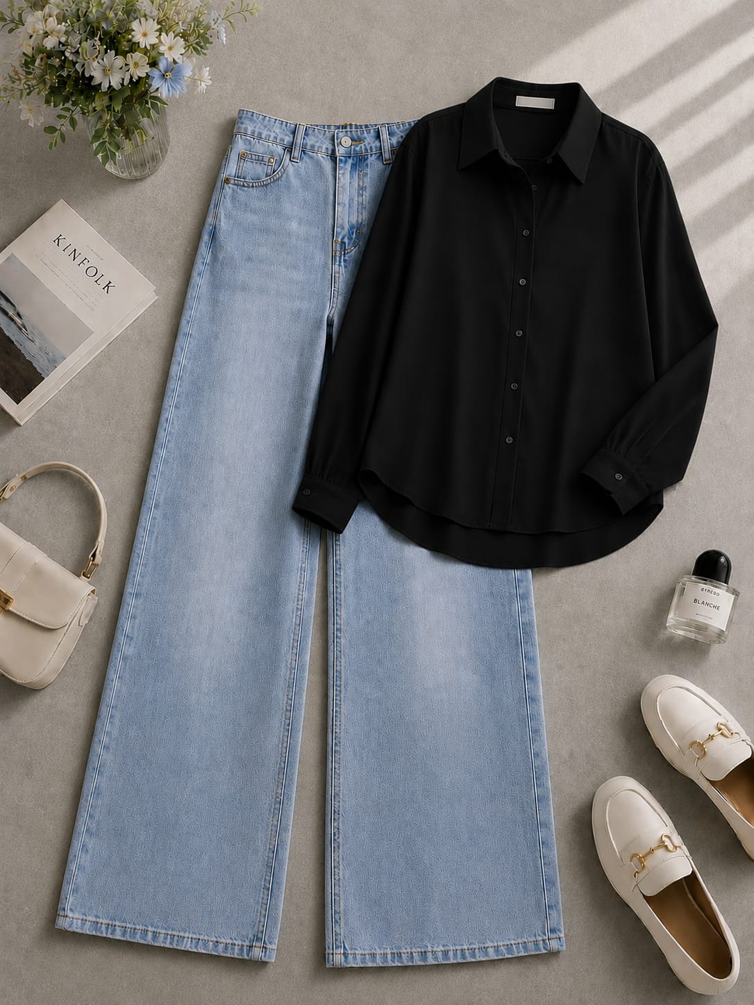 Black Button Down Shirt & Shaded Ice-Blue Wide Leg Jeans
