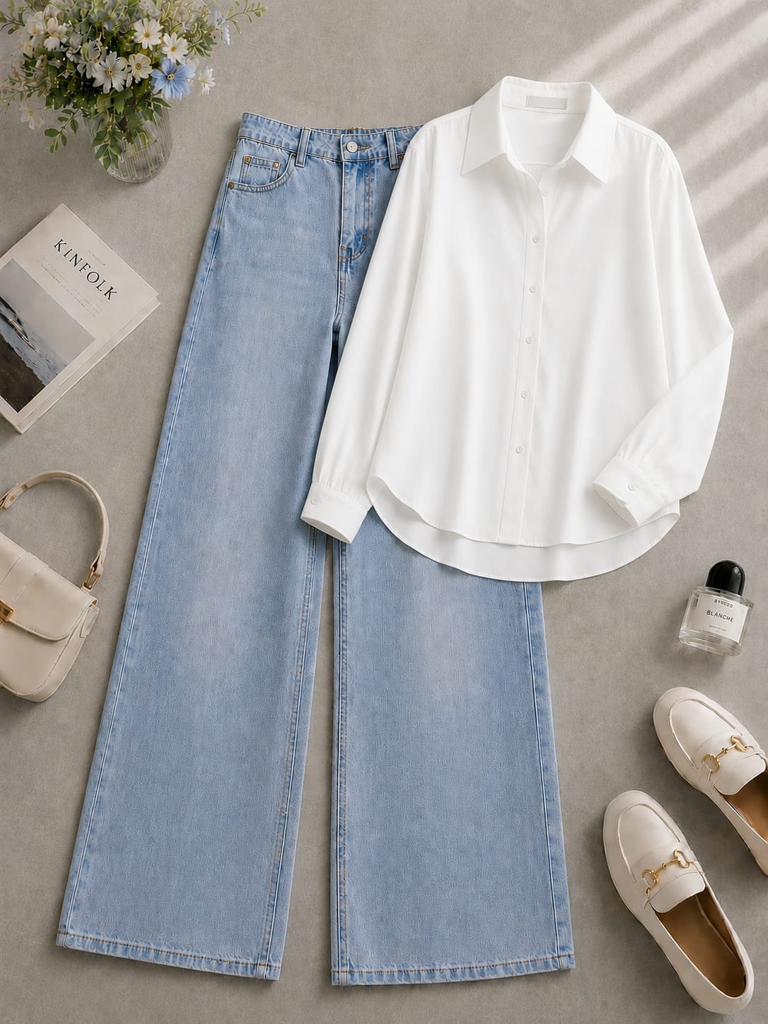 White Button Down Shirt & Shaded Ice-Blue Wide Leg Jeans