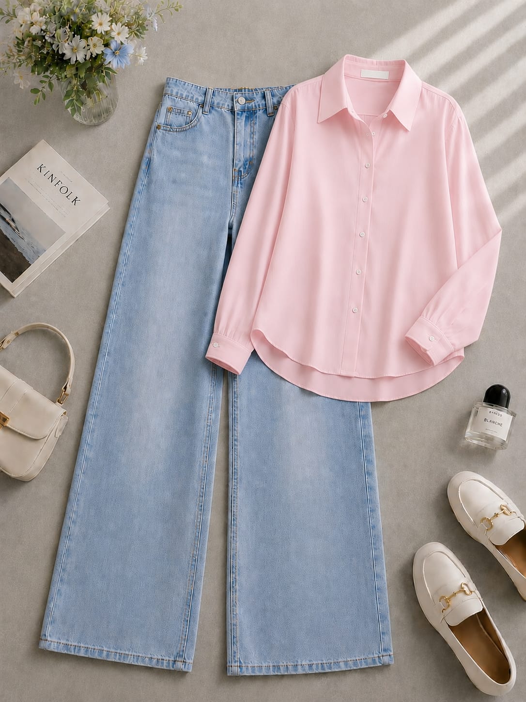 Baby Pink Button Down Shirt & Shaded Ice-Blue Wide Leg Jeans