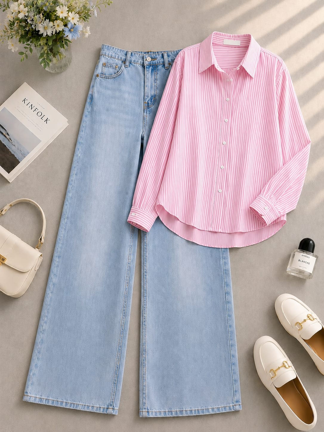 Pink Lining Button Down Shirt & Shaded Ice-Blue Wide Leg Jeans