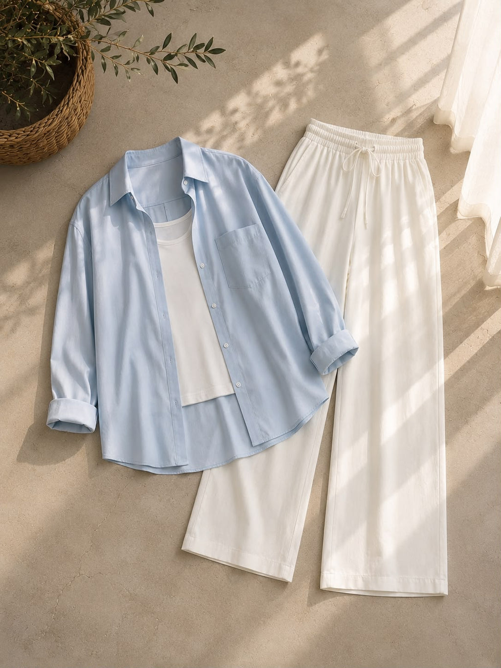 Sky Blue Button Down Shirt With White Inner & White Flapper Trouser