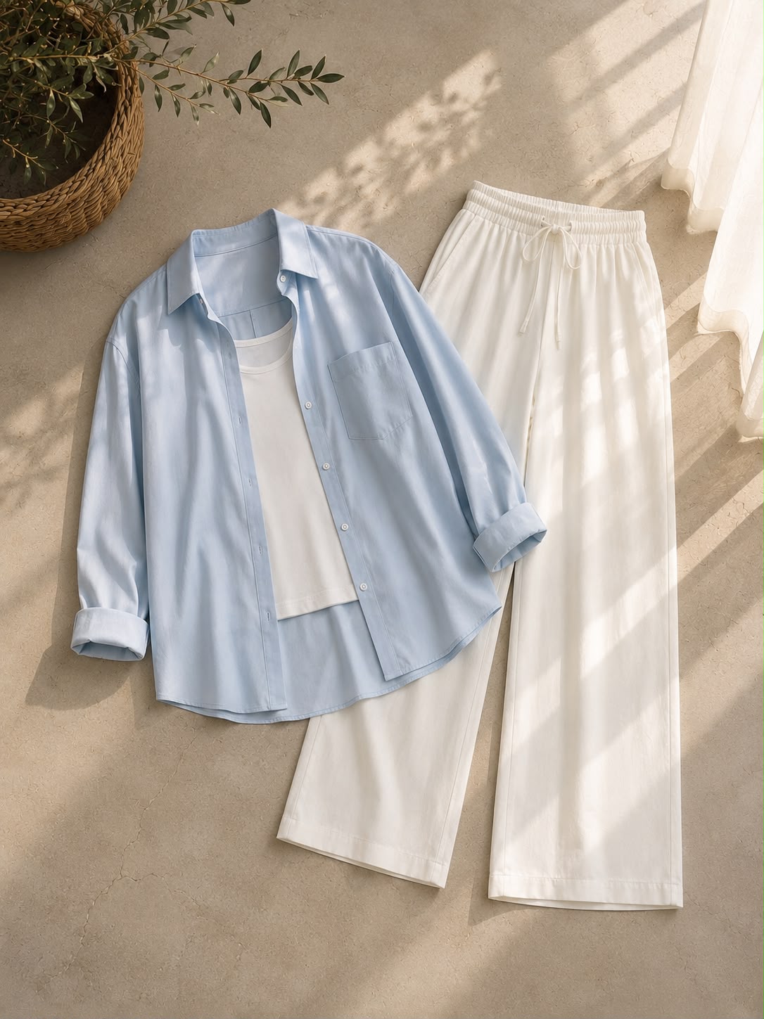 Sky Blue Button Down Shirt With White Inner & White Flapper Trouser