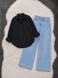 Black Button Down Shirt With Ice Blue Wide Leg Jeans
