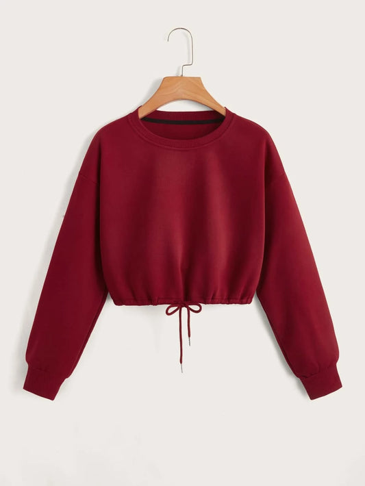 Maroon Crop Drawstring Sweatshirts