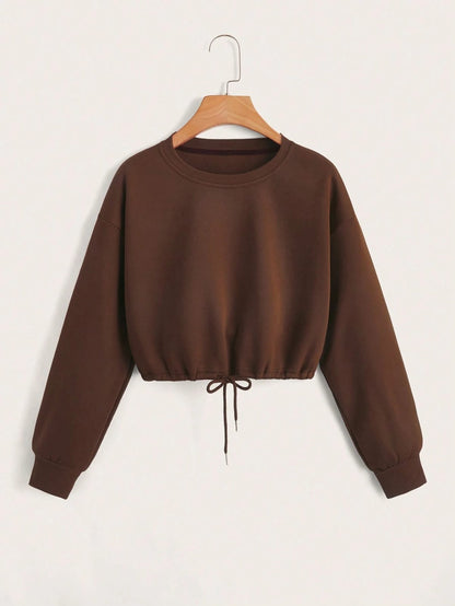 Brown Crop Drawstring Sweatshirts