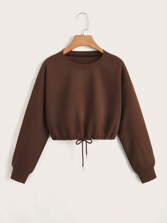 Brown Crop Drawstring Sweatshirts