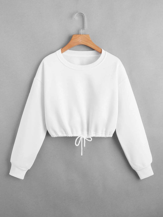 White Crop Drawstring Sweatshirts