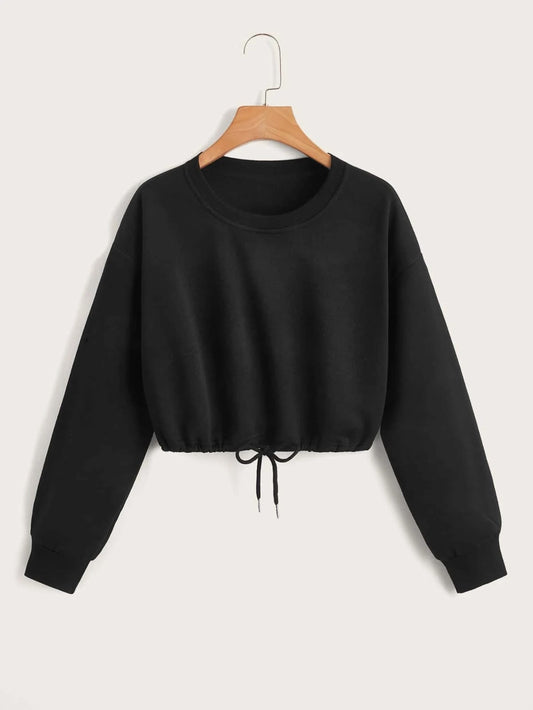 Black Crop Drawstring Sweatshirts